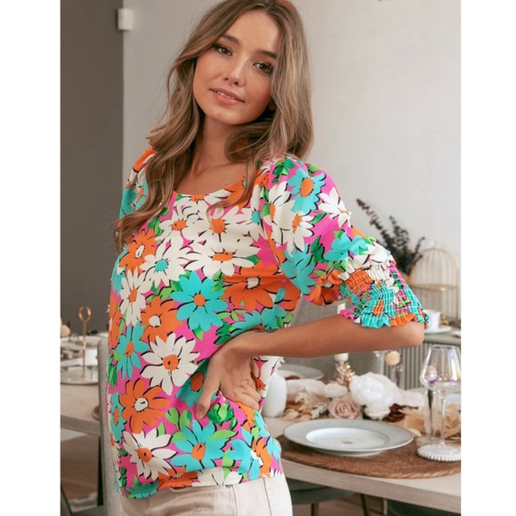 RESTOCK! Multicolor Floral Puff Smocked Sleeve Top! - Picture 9 of 15